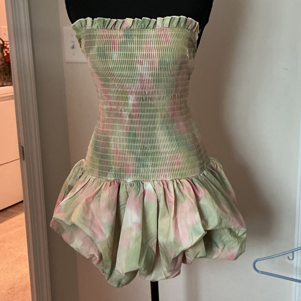 Strapless Smocked Mini Dress in Pastel Green and Pink